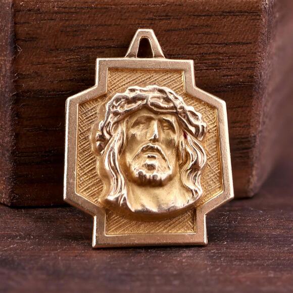 Vintage 14K Yellow Gold 3D Cross Christ Head Pendant Charm 2g